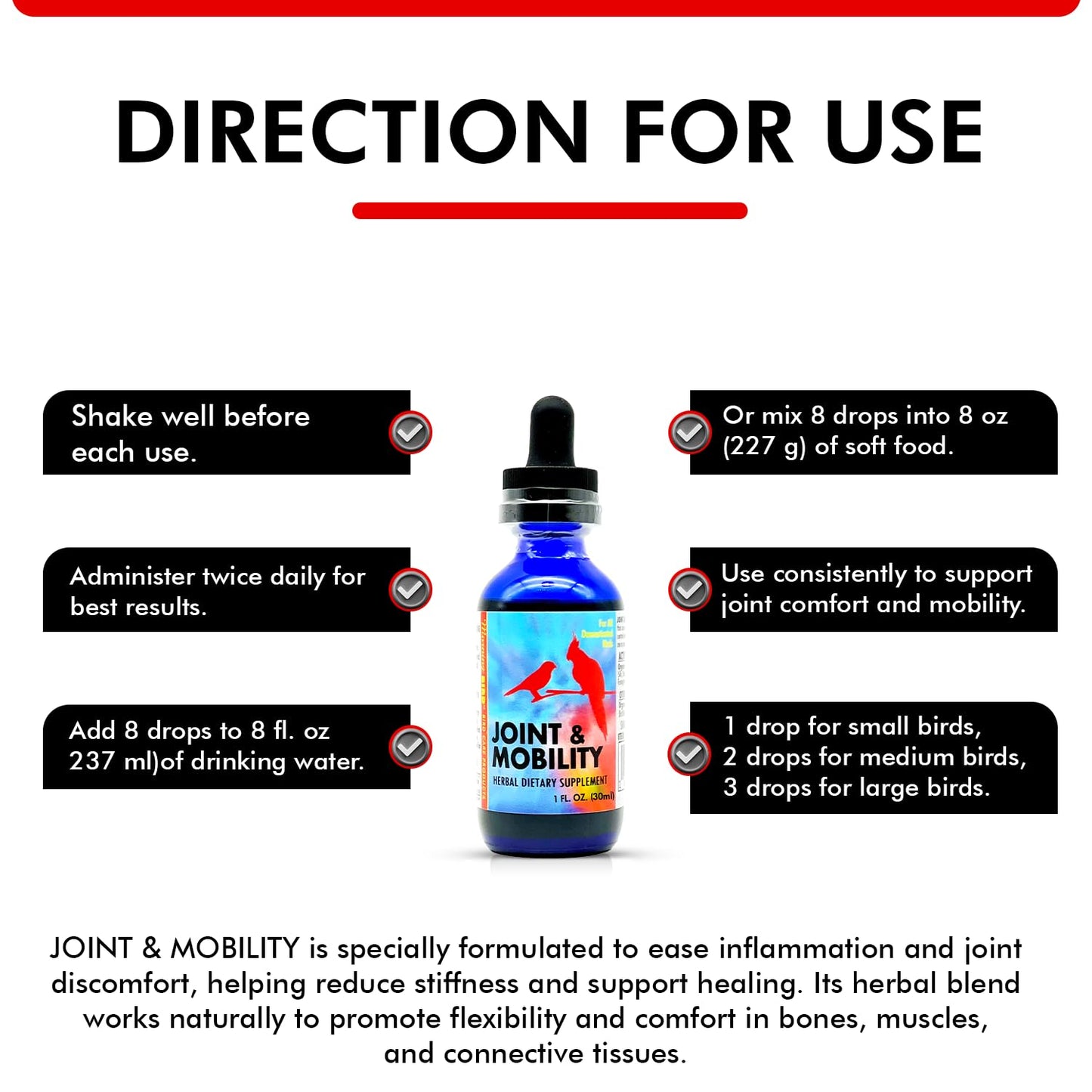 Morning Bird Joint & Mobility 1 fl oz – Muscle Pain Relief Supplement for Joint Health, Stop Pain & Arthritis Supplements – Herbal Liquid Formula for Aging, Injured, or Stressed for All Bird Types