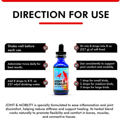 Morning Bird Joint & Mobility 1 fl oz – Muscle Pain Relief Supplement for Joint Health, Stop Pain & Arthritis Supplements – Herbal Liquid Formula for Aging, Injured, or Stressed for All Bird Types