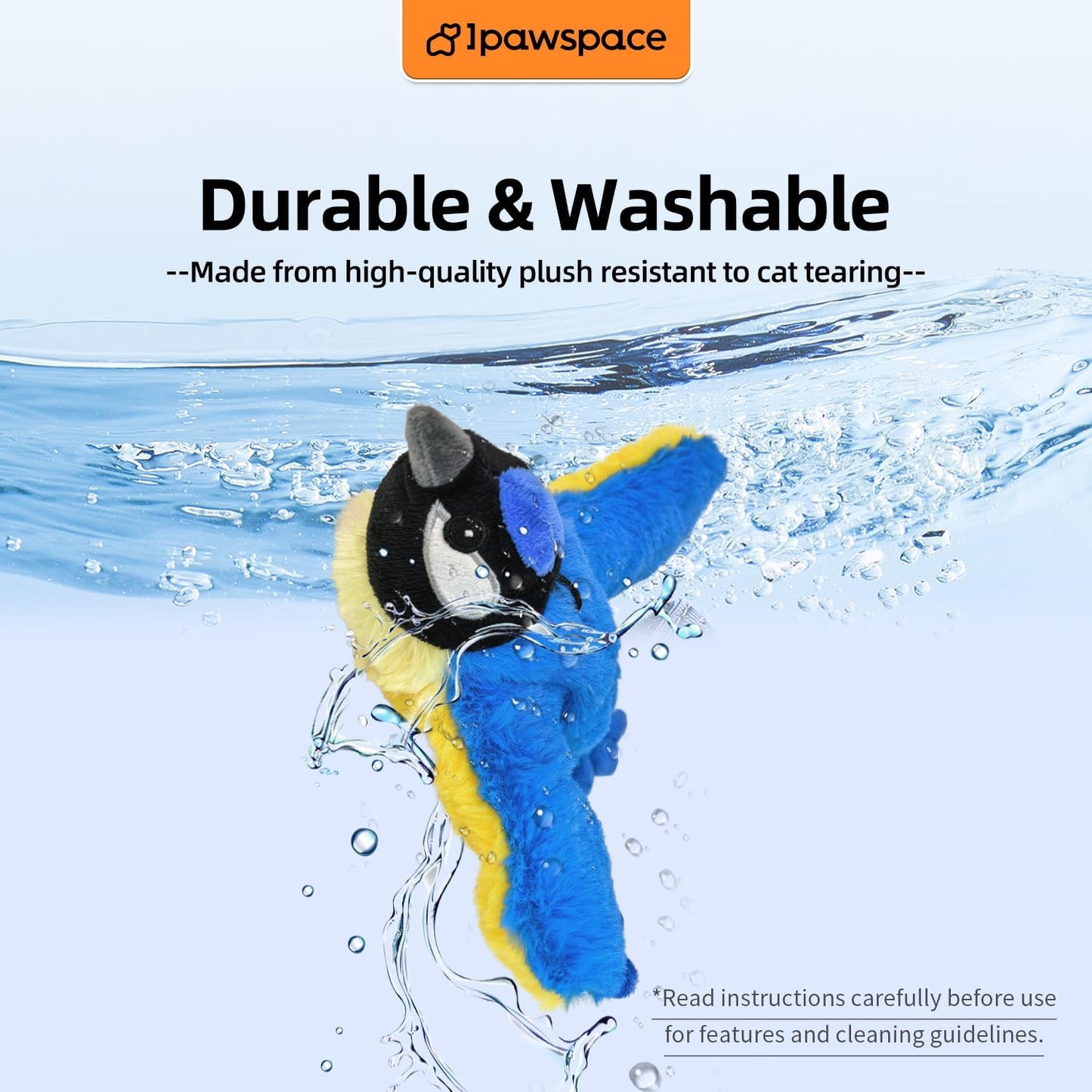 Interactive Flapping Bird Cat Toy with Catnip, Touch Activated Rechargeable, Musical Sound (can Turn Off), Satisfy Cat's Natural Huting Instinct, Soft Plush Washable Cover (Blue)