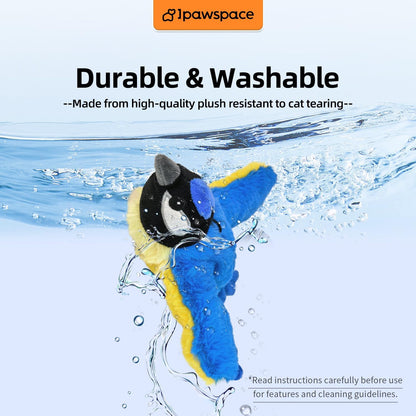 Interactive Flapping Bird Cat Toy with Catnip, Touch Activated Rechargeable, Musical Sound (can Turn Off), Satisfy Cat's Natural Huting Instinct, Soft Plush Washable Cover (Blue)