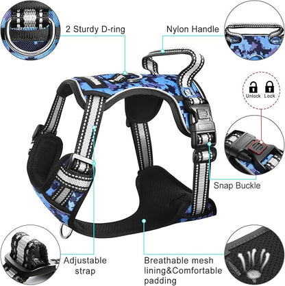 WINSEE Dog Harness No Pull, Pet Harnesses with Dog Collar, Adjustable Reflective Oxford Outdoor Vest, Front/Back Leash Clips for Small, Medium, Large, Extra Large Dogs, Easy Control Handle for Walking