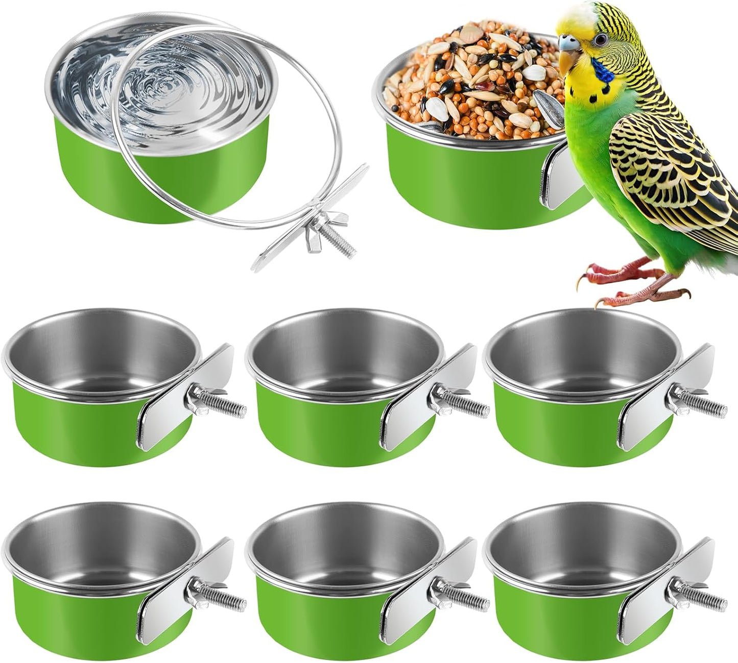 8 Pcs Stainless Steel Bird Bowls, Small Bird Food Dishes for Cage, Parrot Cage Feeder with Clamp Holder for Parakeet/Cockatiels/Conure/Budgies/Ferret/Small Animal
