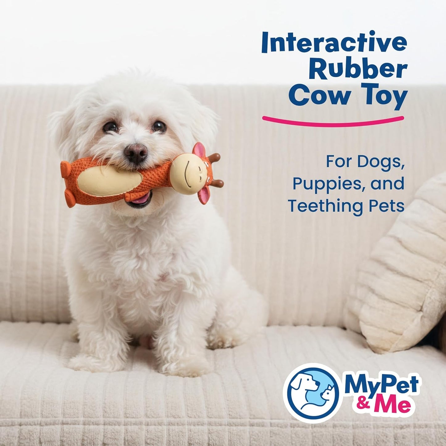 My Pet & Me - Squeaky Dog Toys for Light to Moderate Chewers - Fun Latex Toys for Puppies, Teething, and Gentle Play - Interactive Fetch and Chew Toy with Squeaker (Orange Cow, 6 Inch)