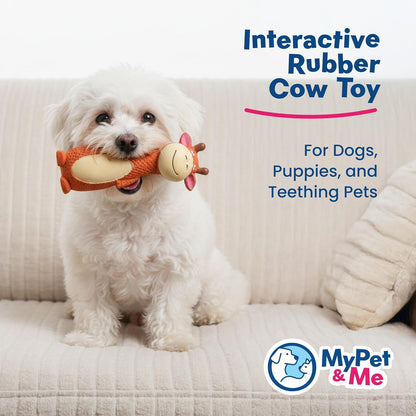 My Pet & Me - Squeaky Dog Toys for Light to Moderate Chewers - Fun Latex Toys for Puppies, Teething, and Gentle Play - Interactive Fetch and Chew Toy with Squeaker (Orange Cow, 6 Inch)