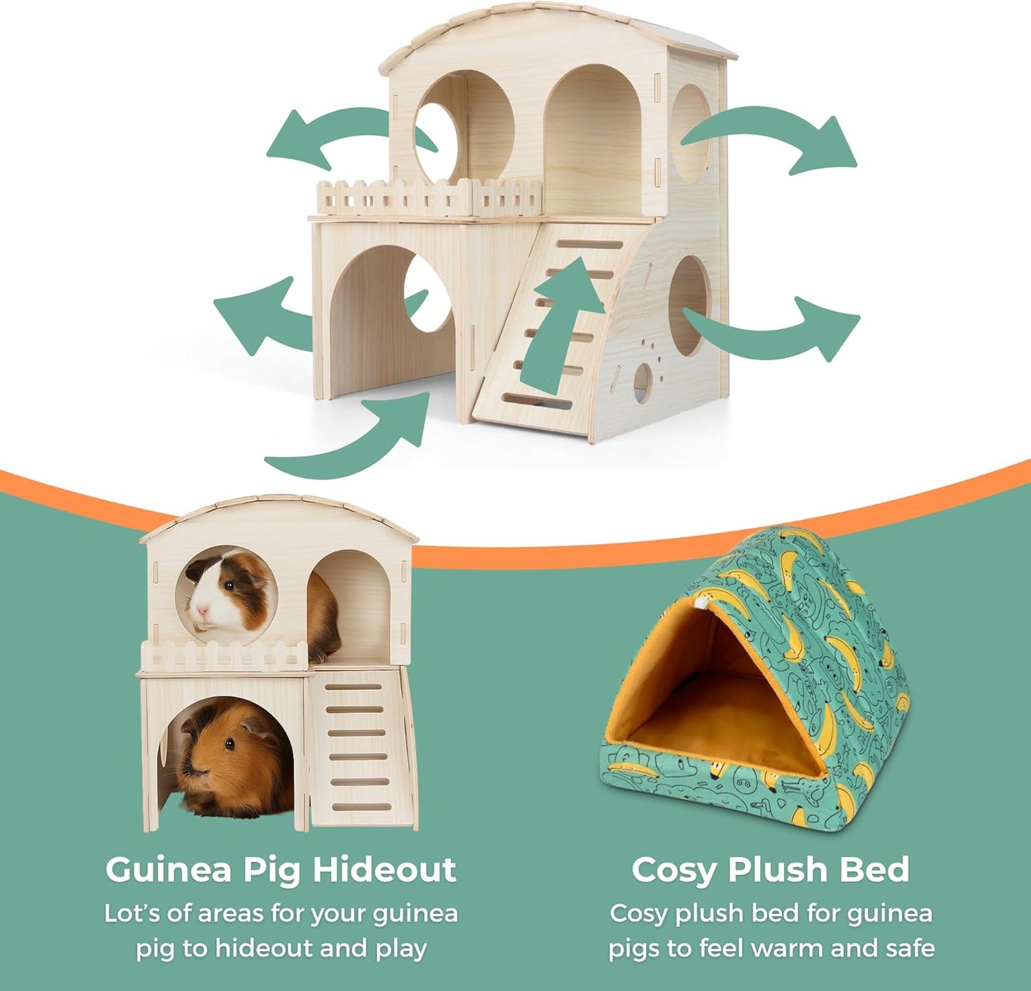 Large Guinea Pig Hideout with Wooden House, Toys & Accessories – Includes Guinea Pig Bed, Castle Hideaway & Chew Toy Bundle with Wooden Hideout, House & Hut Indoor Habitat