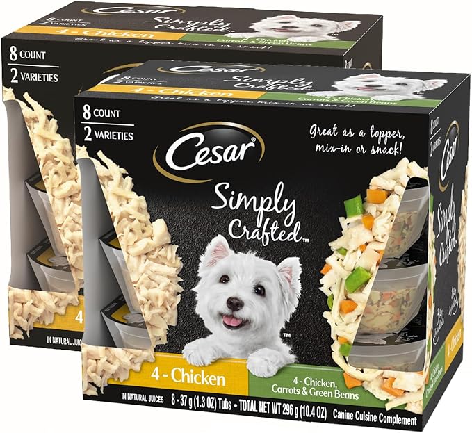 Cesar Simply Crafted Adult Wet Dog Food Meal Topper, Chicken and Chicken, Carrots & Green Beans Variety Pack, 1.3oz. (8 Count, Pack of 2)