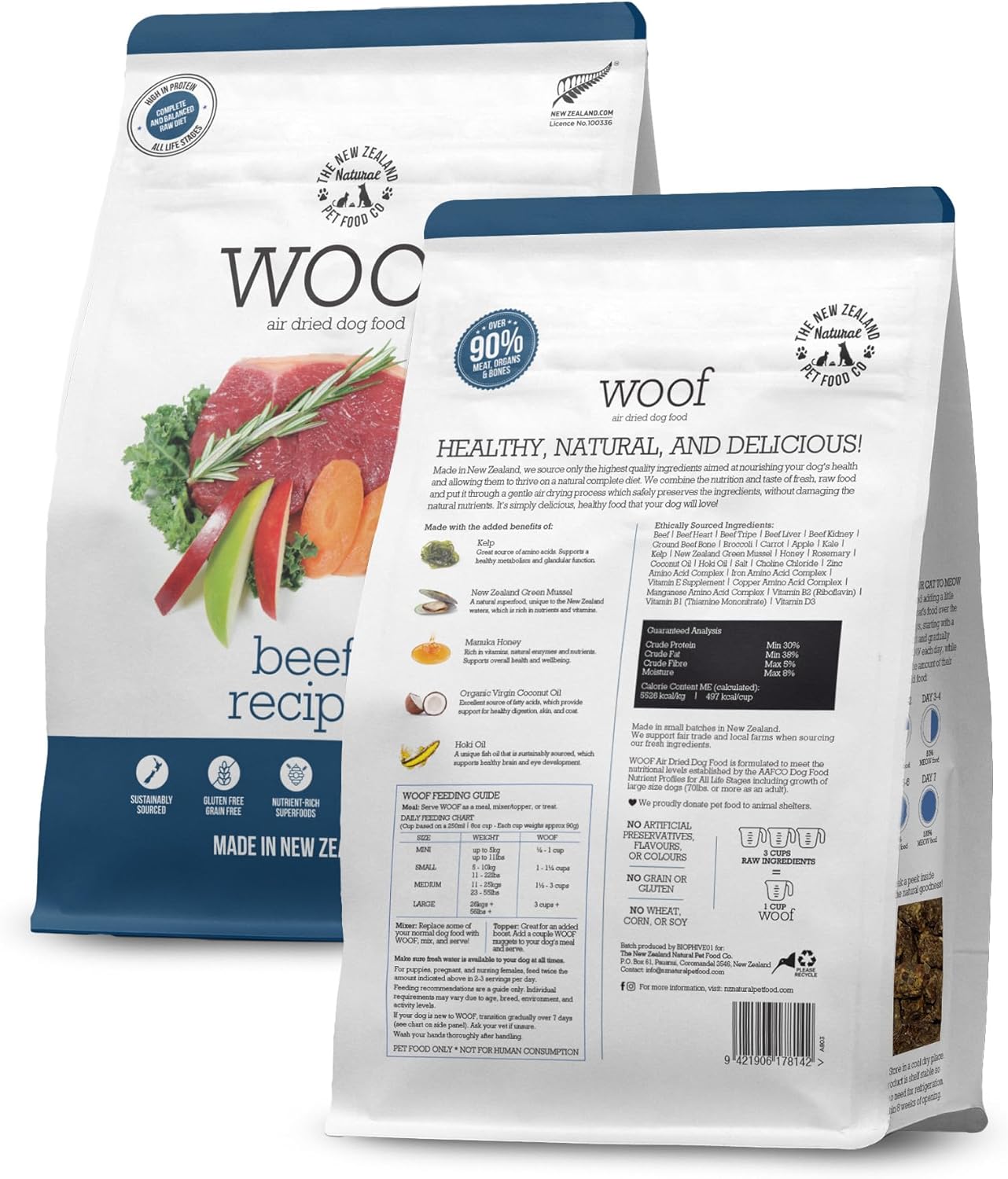 The New Zealand Natural Pet Food Co WOOF Air Dried Dog Bites - Beef Recipe, Air Dried Dog Food, High Protein Beef Food, Healthy Dog Food, 26.5 oz
