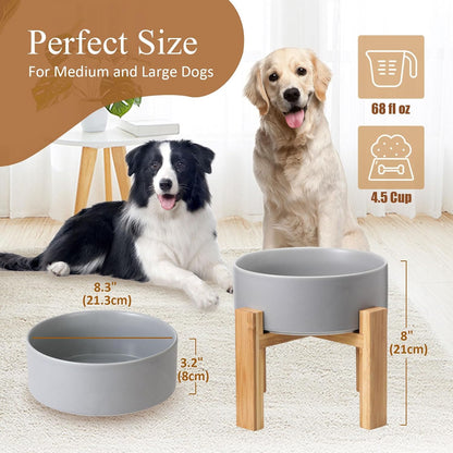 Raised Ceramic Large Dog Bowl - Heavy Weighted Dog Dish with Bamboo Stand - Elevated for Comfortable Feeding - 8.3" W x 8" H - 4.5 Cups (68 fl oz) - Grey
