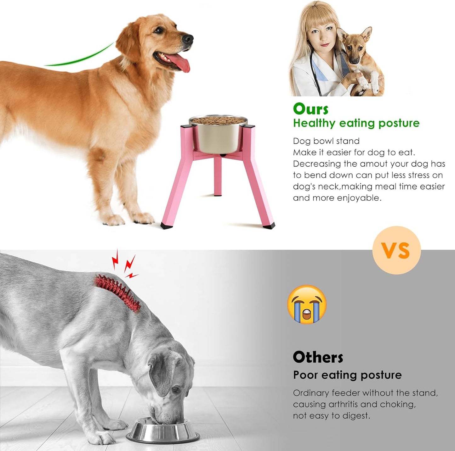 Elevated Dog Bowl Stand for Medium Large Dogs, Adjustable Width 7-10.6", 11" Tall Single Raised Dog Bowl Holder, Pink