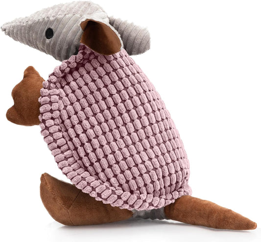 Hollypet Plush Dog Squeaky Toy Stuffed Armadillo Animal Pet Puppy Chew Toys with Clean Teeth for Small Medium Large All Breed Sizes Dogs, Pink, 14 in