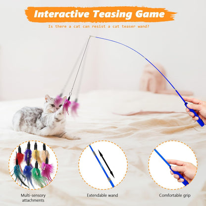 Cat Toys 24 PCS, Interactive Cats Toys for Indoor Cat, Speedy Tail 2.0 Cat Toy, Silvervine Sticks Feather Mouse Toy for Kittens