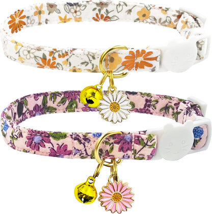 2 Pack Cotton Breakaway Cat Collars Set with Bell and Flower Pendant, Cute Floral Fruit Patterned, Adjustable 7.5-11Inch, Include A Mouse Toy Gift