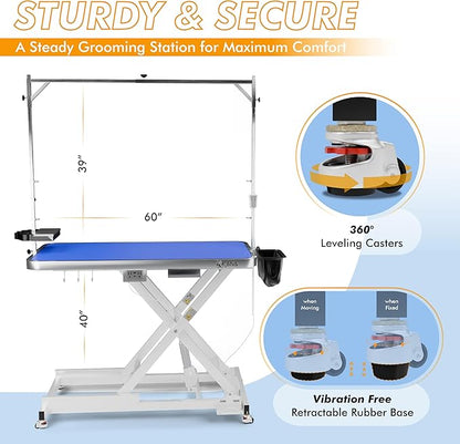 KANIS Professional Electric Dog Grooming Table - Heavy Duty, Height Adjustable Pet Grooming Table w/Leveling Wheels, Grooming Arm, Anti Slip Tabletop & Tool Organizer/Dog Grooming Station (60", WHITE)