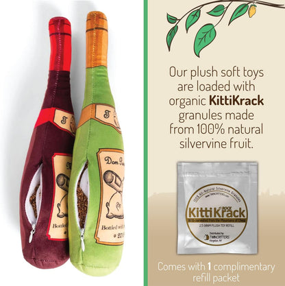 KittiLush 2-Pack Organic Silvervine Catnip Substitute Toys for Cats & Kittens | 100% All-Natural Wild Harvested Silvervine | 2 Refillable Wine Bottle Kicker Cat Toys