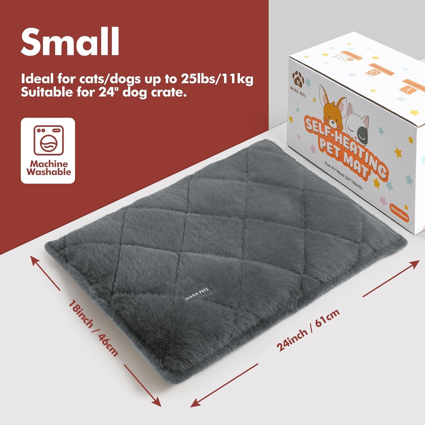Mora Pets Self Heating Cat Bed Self Warming Cat Bed Thick Thermal Pet Bed Mat 24 x 18 Inches Removable Washable Cover for Outdoor Indoor Cats and Dogs Fur Grey Small