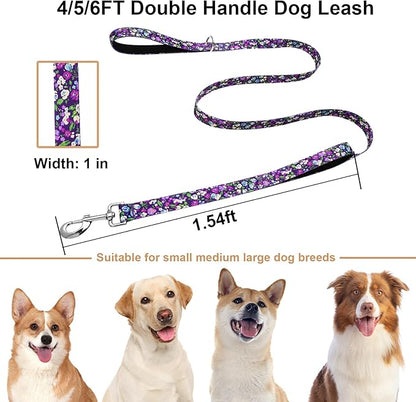 5ft Dog Leash with Two Padded Handles, Cute Girl Dog Leash with Soft Dual Handle, Walking Training Lead for Small Medium Large Dogs, Purple Floral