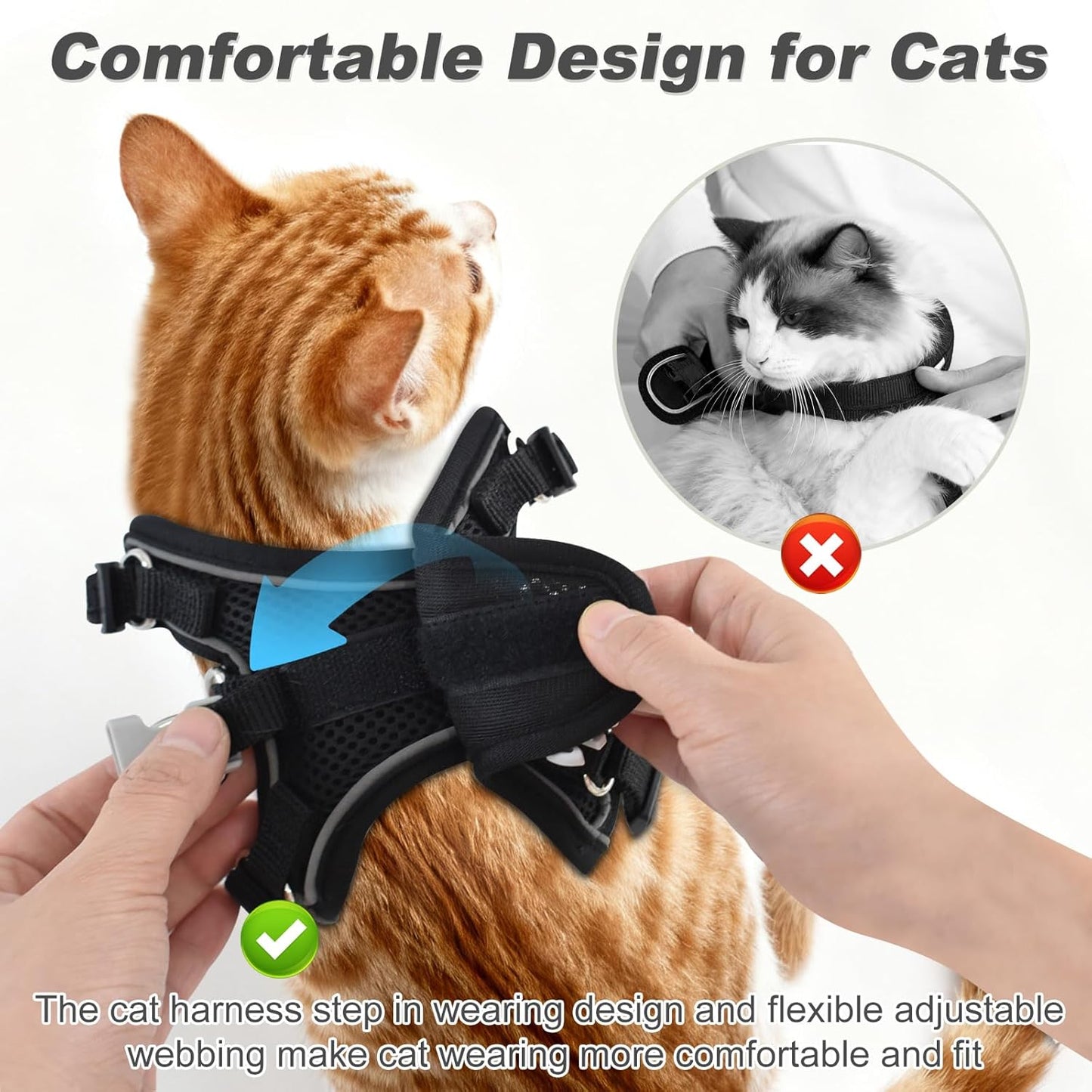 Kitten Cat Harness and Leash Set, Escape Proof Soft 4-Adjustable Cat Walking Vest Harness, Reflective Strips in Harness for Kitty Puppy Bunny Car Travel, with Car Seatbelt Leash (Black, XXS)