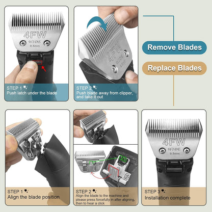 30W+10W+7FW+5FW+4FW Wide Pet Dog Grooming Detachable Blades Kit,Compatible with Andis,Oster A5,Wahl KM10 Clippers,Cut Length 1/50"(0.5mm) to 3/8" (9.5mm),5 Pack