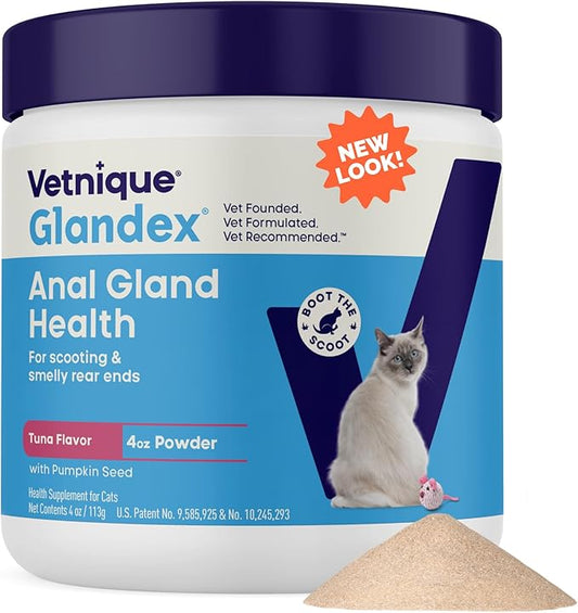 Vetnique Glandex Feline Anal Gland or Daily Probiotic Fiber Supplement Powder for Cats with Digestive Enzyme, Probiotics and Pumpkin, Vet Recommended for Healthy Bowels (4oz, Anal Gland Powder - Tuna)