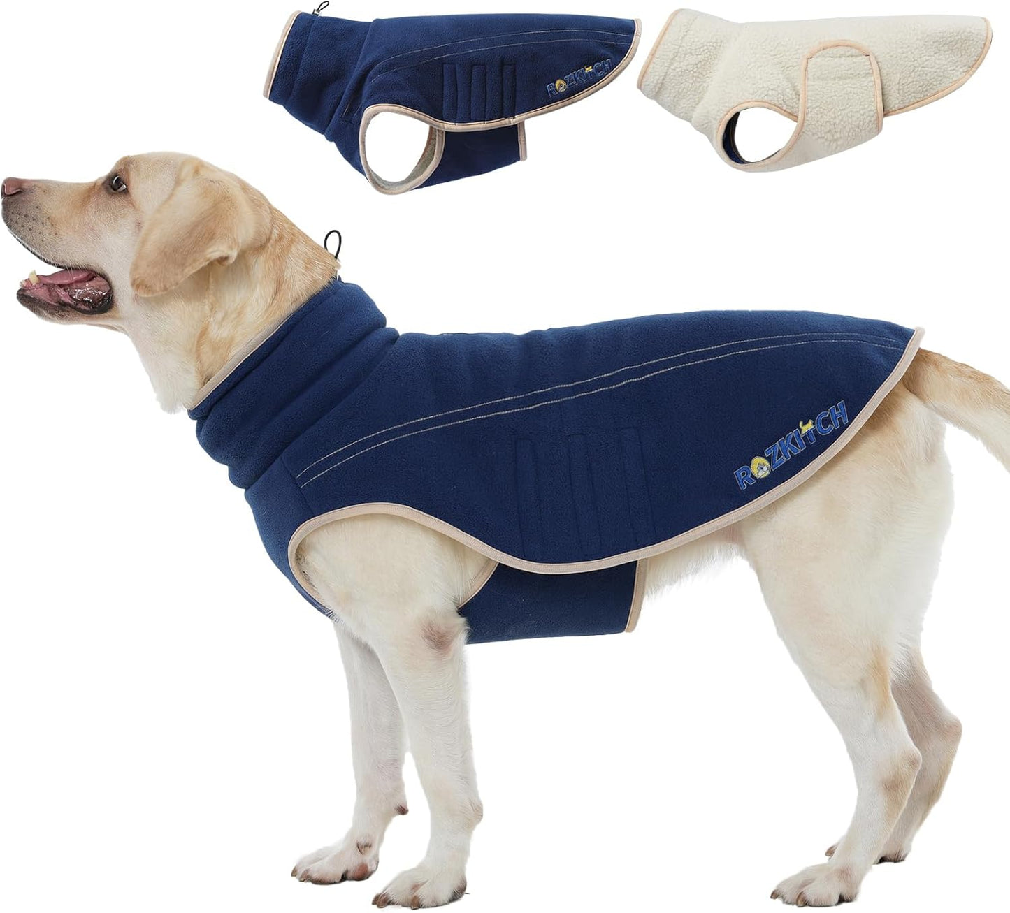 ROZKITCH Reversible Sherpa Dog Sweater, Lightweight Polar Fleece Sweater with Embroidery, Adjustable Double-Sided Plush Sweatshirt for Large Breeds DarkBlue 3XL