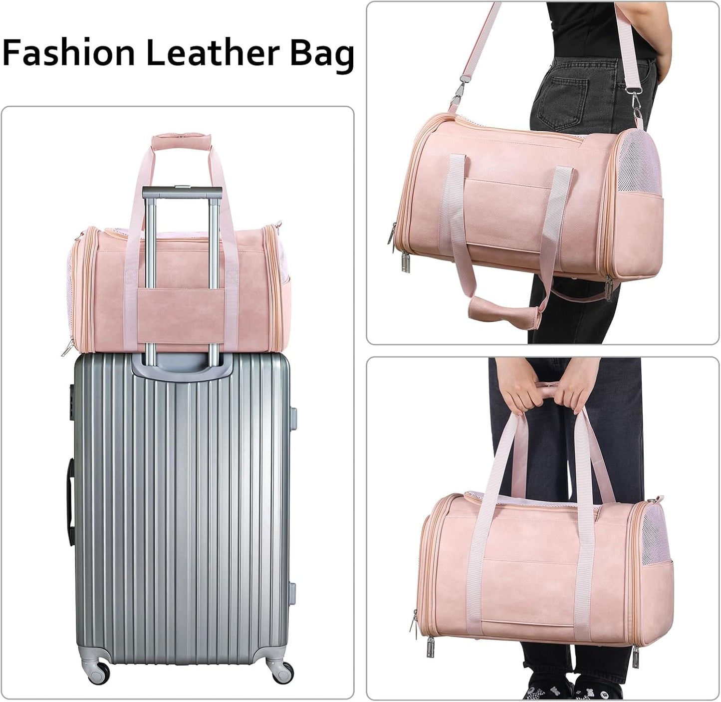 Fashion Leather Dog Carrier Cat Carrier Airline Approved Pet Carrier for Small Medium Dogs Cats Under 15Lbs, Collapsible Soft Sided Travel Puppy Carrier Pink