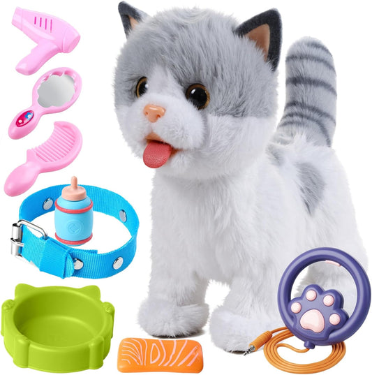 OR OR TU Walking Toy Cat with Remote Control Leash, Plush Cat Electronic Interactive Toys for Kids, Shake Tail, Licking, Pretend Dress Up Realistic Stuffed Animal Cat Age 3 4 5 6+ Years Old Best Gift