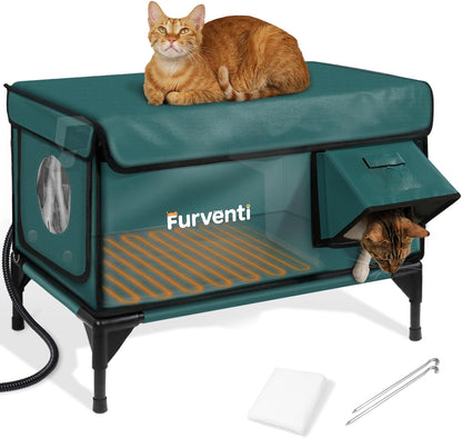 Heated Cat House for Outside,Dual Camera Mounts,100% Weatherproof & Extremely Insulated,Elevated Feral Cat Shelter with Escape Door,Waterproof Eaves for Outdoor Stray Barn Cat(Dark Green, L with Cam)