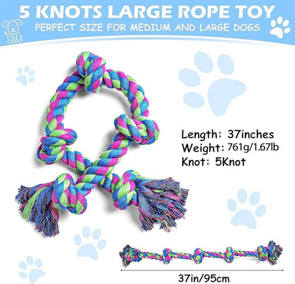Dog Rope Toys for Large Medium Dog Chewers, Rope Indestructible Dog Chew Toys, 37 Inch 5 Knots Tough Dog Tug Toy for Teeth Cleaning, Tug of War