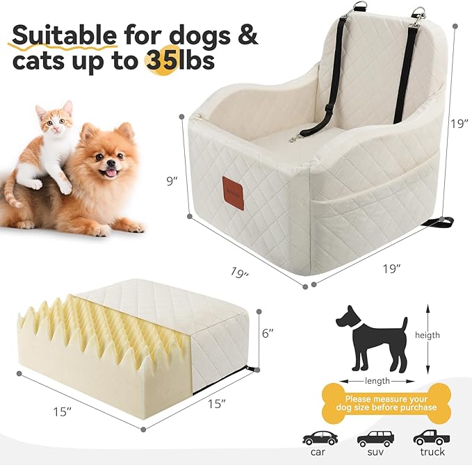Dog Car Seat for Small Medium Dogs Up to 35lbs, Detachable Washable Soft Pet Booster Travel Bed for Front Seat with Safety Leash Belt (Beige, Medium)