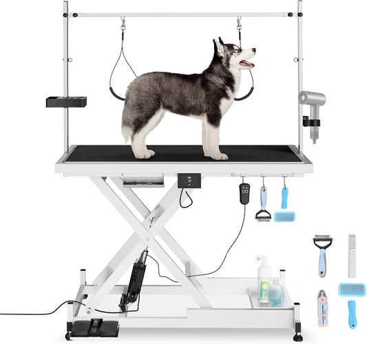 Electric Lift Dog Grooming Table, Upgrade 50 Inch Heavy Duty Professional Pet Grooming Table with Tool Organizer for Large Dogs at Home with Adjustable Overhead Arms and 2 Grooming Noose, White