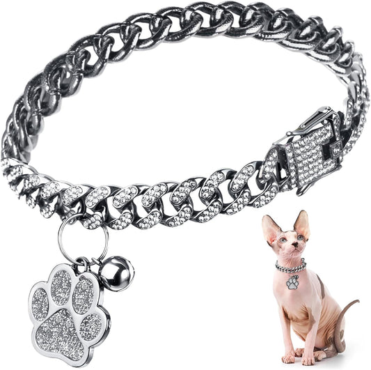Hillban Cat Collar Diamond Chain Glitter Collar Walking Metal with Secure Buckle Cat Pet Necklace with Paw Charm and ID Tag Bell Link Cuban Jewelry Accessories(10 Inch,Steel Black, White)