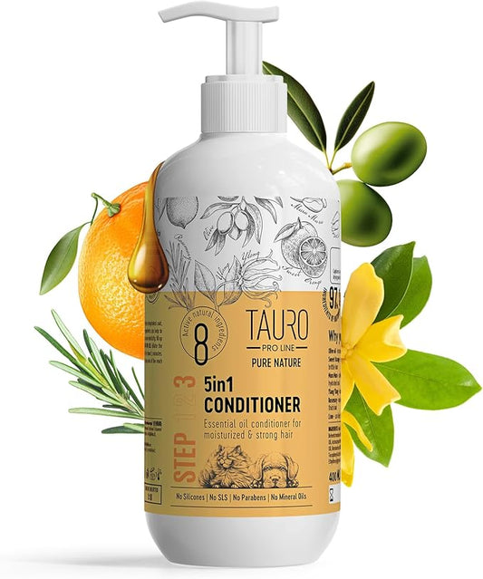 Tauro Pro Line 5in1 Dog Conditioner Detangler, Moisturizing Pet Wash for Dry Skin Daily Care, Gentle Cat & Puppy Conditioner (13.5 Fl Oz)