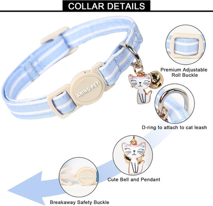 ARING PET 2 Pack Cat Collar-Cute Cotton Cat Collar Breakaway with Bell & Pendant, Adjustable Blue Green Striped Kitten Collars with Safety Buckle for Girl and Boy Pets