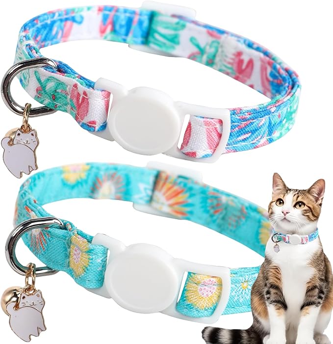 Unique style paws 2 Pack Kitten Collar Breakaway with Bell & Pendant, Adjustable Safety Cat Cotton Collars for Girl Boy Cats and Small Pets