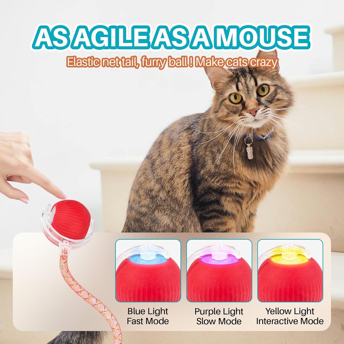 Interactive cat Toy cat Toys for Indoor Cats Agile Moving Cat Ball with Elastic Mesh Tail Automatic Kitten Toys Motion Activated Ball (Red)
