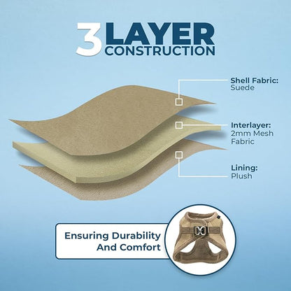 Best Pet Supplies - All Weather Mesh/Plush, Reflective, No Pull Harness for Small, Medium Dogs, Cats - Secure with Hook & Loop Fastener, Buckle, Double D-Rings - Latte Suede, L