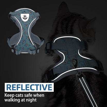 PUPTECK Cat Harness and Leash Set Escape Proof Reflective Cat Walking Harness Adjustable Soft Breathable Mesh Vest for Small Pets, Blue Sharks, S