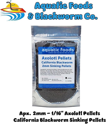 Aquatic Foods Inc. Axolotl Blackworm Pellets. 2mm-1/16 Sinking California Blackworm Small Pellets for Small Axolotl, Frogs, Shrimp, Salamanders, Newts, Snails…1/8-lb Pouch Bag