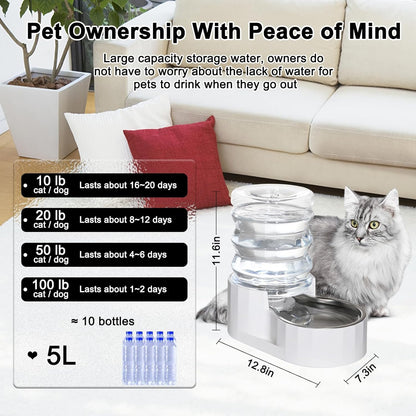RIZZARI Dog Water Bowl Dispenser: 5L Automatic Stainless Steel Gravity Feeder - Large Capacity for 8-20 LB Cats with Joint Spine Pain - for Kitchen Bedroom