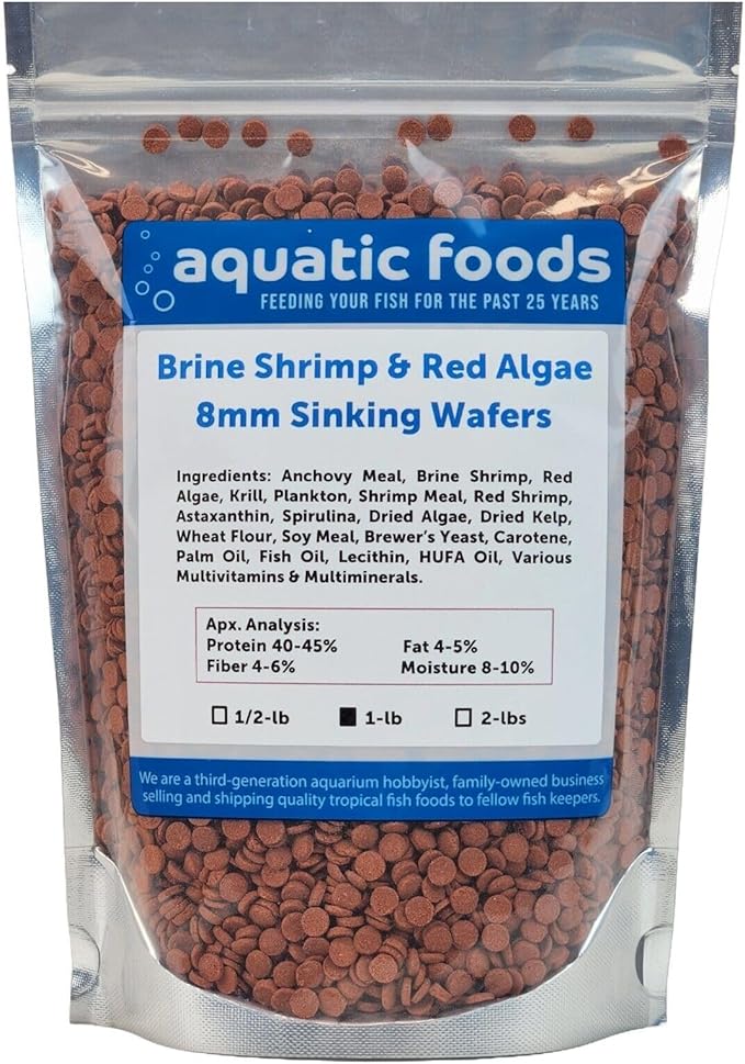 Aquatic Foods Inc. 8mm - 1/3" Brine Shrimp & Red Algae Color Enhancing Sinking Wafers for Shrimp, Snails, Crabs, Plecos, Catfish. Bottom and All Tropical Fish...WL…1-lb Foil Pouch Bag
