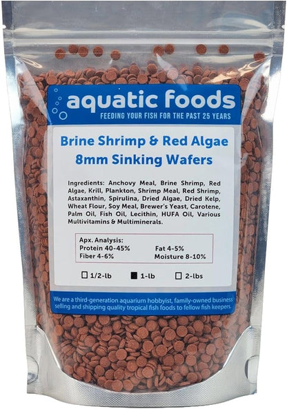 Aquatic Foods Inc. 8mm - 1/3" Brine Shrimp & Red Algae Color Enhancing Sinking Wafers for Shrimp, Snails, Crabs, Plecos, Catfish. Bottom and All Tropical Fish...WL…1-lb Foil Pouch Bag