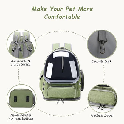 Cat Carrier with Groomer, Breathable Cat Bubble Carrier for Cats or Small Dogs up to 20 lbs, Collapsible Airline Approved, Clear Cat Travel Backpack (Green)
