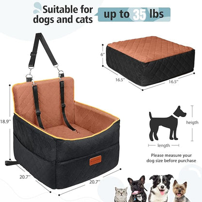 Small Dog Car Seat, Memory Foam Dog Booster Seats with Thick Cushion for Medium Dogs Under 35lbs, Detachable Washable Pet Car Seat Travel Bed with Storage Pockets,2 Safety Belts