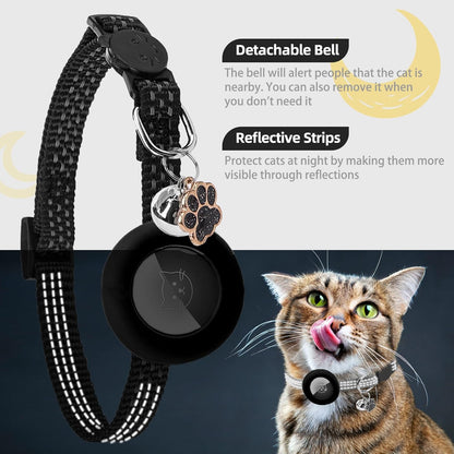 PUPTECK Airtag Cat Collar Breakaway 2 Pack with Bells, Reflective Kitten Collar with Air Tag Holder for Boy Girl Kitty and Puppies, Soft, Black & Beige