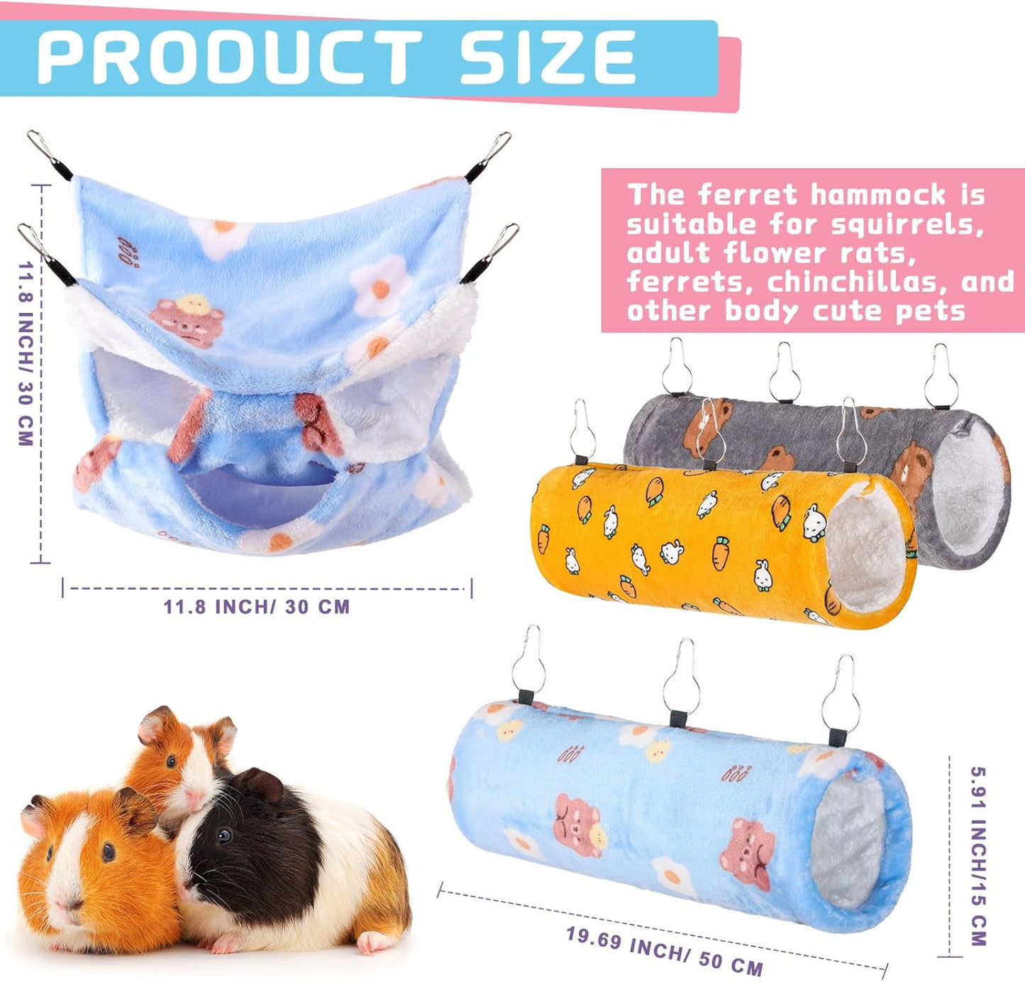 Sweetude 6 Pcs Rat Hammock Set Ferret Hanging Tunnel 3 Tier Guinea Pig Hammocks Hideout Soft Chinchilla Bed for Cage Accessories Hide,Play and Sleep (Sun,Bear)