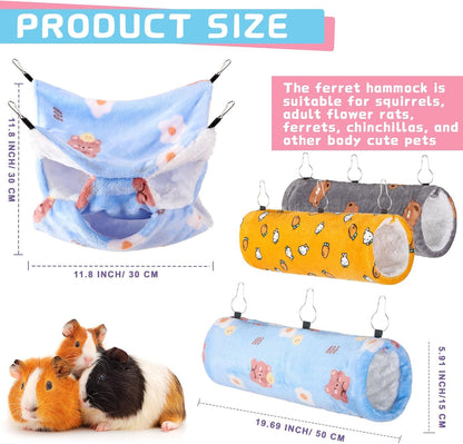 Sweetude 6 Pcs Rat Hammock Set Ferret Hanging Tunnel 3 Tier Guinea Pig Hammocks Hideout Soft Chinchilla Bed for Cage Accessories Hide,Play and Sleep (Sun,Bear)