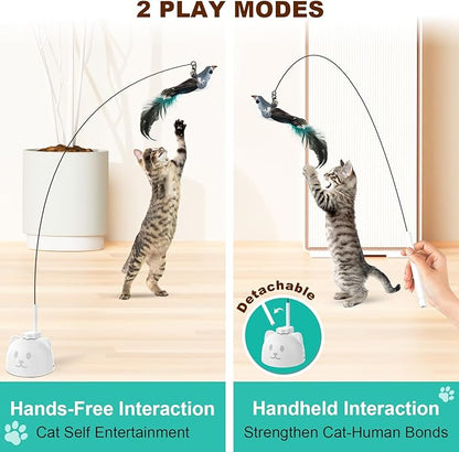 Cat Toys Feather Wand Enhanced Suction Cup Interactive Cat Toy Auto-Swing Cat Wand Toy with 3PCS Replacement Teaser Refills with Bell Bird/Ribbon/Worm