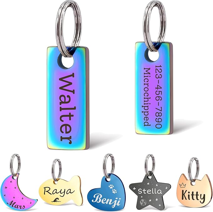 Anavia Small Size Dog Cat ID Tags, Small/XS Personalized Color Plated Stainless Steel Puppy Kitten Name Tags, Customized Engraved Nameplate Pet Collar Tag (Rainbow, XS-Rectangle)