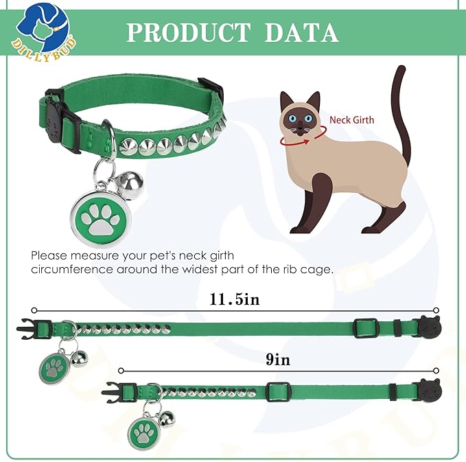 Leather Personalized Breakaway Cat Collar with Studded Bell and Safety Quick Release Buckle - Rivets Studded ID DIY Collars for Boy Girl Cats Kittens, 9" - 11.5" Green