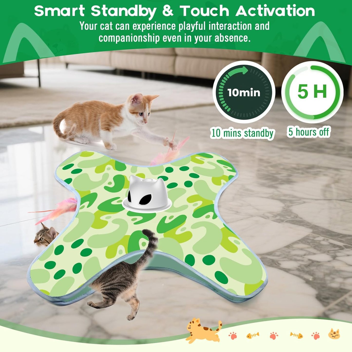 VIWIK Interactive Cat Toys for Indoor Cats, Hide and Seek Moving Feather Toy for Bored Adult Cats with Suction Cup & Cover, Automatic Kitten Wand Toy, Cat Enrichment Toys for All Breeds Green